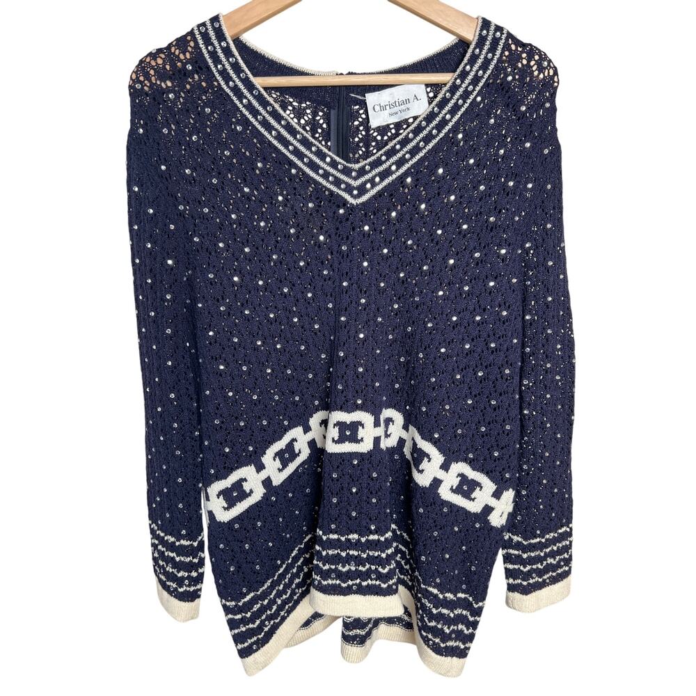 Vintage Christian A. New York Beaded Navy White Sweater *Dimensions in Picture*